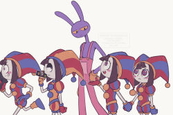  1boy 4girls :d :| arm_at_side asymmetrical_gloves bar_censor bare_arms bare_shoulders black_eyes blue_bodysuit blue_eyes blue_gloves blue_hat blue_shoes blush bob_cut bodysuit brown_hair buttons caine_(the_amazing_digital_circus) censored center-flap_bangs clone closed_mouth collared_bodysuit colored_sclera colored_skin commentary cowboy_shot double-parted_bangs dual_persona english_commentary evil_pomni_(the_amazing_digital_circus) eye_contact fewer_digits frown furry furry_male gloves grin gun hair_between_eyes hand_on_own_hip hand_up handgun hat hat_bell highres holding holding_gun holding_hands holding_weapon jax_(the_amazing_digital_circus) jester jitome looking_at_another middle_finger mismatched_gloves multicolored_eyes multiple_girls no_nose no_pupils overalls pink_overalls pleading_eyes pomni_(the_amazing_digital_circus) profile puffy_short_sleeves puffy_sleeves purple_skin rabbit_boy red_bodysuit red_eyes red_gloves red_hat running shoes short_hair short_sleeves sideways_glance sideways_mouth simple_background skn_1027 smile standing striped_clothes striped_hat striped_headwear the_amazing_digital_circus tongue twitter_username two-tone_eyes upper_body vertical-striped_clothes vertical-striped_headwear walking watermark weapon white_background white_skin yellow_bodysuit yellow_gloves yellow_hat yellow_sclera 