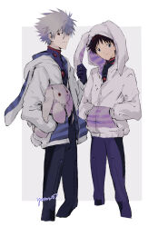  2boys animal_ear_hood blue_eyes border closed_mouth commentary_request cropped_legs grey_hair hands_in_pockets height_difference highres hood hood_up hoodie ikari_shinji male_focus mecha_pilot_suit multiple_boys nagisa_kaworu neon_genesis_evangelion outside_border plugsuit_(evangelion) red_eyes signature stuffed_animal stuffed_rabbit stuffed_toy white_border white_hoodie yorumi1117 
