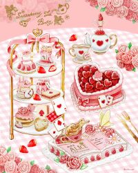  butter_knife cake commentary_request cookie cup flower food food_art food_focus fork fruit highres knife no_humans original red_flower red_rose rose saku_sakuraba16 saucer strawberry table tea teacup teapot tiered_tray 