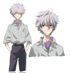  1boy black_pants closed_mouth collared_shirt commentary_request corrupted_twitter_file grey_hair hands_in_pockets highres looking_up male_focus multiple_views nagisa_kaworu neon_genesis_evangelion no_eyes pants red_eyes shirt shirt_tucked_in short_hair simple_background undershirt white_background white_shirt yorumi1117 