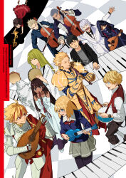  1other 4girls 6+boys absurdres ahoge alexandre_dumas_(fate) armor black_hair blonde_hair blue_eyes braid brown_eyes brown_hair cello closed_eyes commentary_request drum drumsticks earrings enkidu_(fate) fate/strange_fake fate_(series) flat_escardos flute full_armor gilgamesh_(fate) green_hair grey_hair highres holding holding_drumsticks holding_flute holding_instrument holding_tambourine holding_trumpet instrument jack_the_ripper_(fate/strange_fake) jacket jester_karture jewelry kuruoka_tsubaki long_hair lute_(instrument) mask medium_hair morii_shizuki mouth_mask multiple_boys multiple_girls music necktie no_name_assassin_(fate) official_art open_mouth orlando_reeve pale_rider_(fate) piano_keys playing_drums playing_flute playing_instrument playing_piano red_eyes richard_i_(fate) robe sajou_ayaka_(fate/strange_fake) sawano_hiroyuki second-party_source shirt short_hair skirt smile sweatdrop sweater tine_chelc trumpet vest white_hair wolf wolf_(fate) 