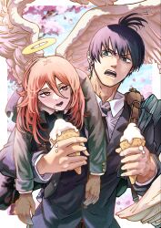  2boys adam's_apple angel_devil_(chainsaw_man) angry bag black_hair black_necktie black_suit blue_sky border brown_gloves buttoned_cuffs buttons carrying carrying_over_shoulder carrying_person chainsaw_man cherry_blossoms choppy_bangs clouds cloudy_sky collared_shirt commentary_request cowboy_shot day feathered_wings food food_on_face gloves green_eyes halo hayakawa_aki highres ice_cream ice_cream_cone layered_clothes long_hair long_sleeves looking_at_another melting_ice_cream multiple_boys necktie orange_eyes orange_hair outdoors renminna shirt short_hair shoulder_bag sky suit topknot waffle_cone white_border white_shirt wings 