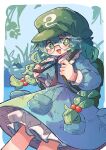  1girl :d backpack bag bloomers blue_shirt blue_skirt braid cabbie_hat commentary_request feet_out_of_frame fish glasses green_bag green_eyes green_hair green_headwear hair_bobbles hair_ornament hat highres kappa_mob_(touhou) long_hair long_sleeves looking_at_viewer mame_komari open_mouth outdoors pond round_eyewear shirt skirt smile solo touhou twin_braids twitter_username undershirt underwear very_long_hair 