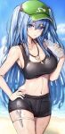  1girl 7saki alternate_costume alternate_hair_length alternate_hairstyle beach blue_eyes blue_hair bottle flat_cap green_headwear hair_bobbles hair_ornament hat highres kawashiro_nitori key long_hair medium_hair midriff navel sidelocks solo sweat swimsuit touhou twintails two_side_up 