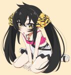  1girl :o animal_print arm_support belt black_belt black_hair breasts crop_top eyelashes hair_between_eyes hair_ribbon heart heart_necklace idolmaster idolmaster_cinderella_girls idolmaster_cinderella_girls_u149 jewelry komipe512 legs long_hair looking_at_viewer matoba_risa midriff necklace orange_background pink_shirt ribbon sandals shirt sidelocks sitting skirt small_breasts solo thighs twintails wariza white_footwear white_skirt yellow_eyes 