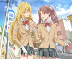  2girls :d aisheng_kuroko bag blazer blue_sky bow bowtie brown_eyes brown_hair brown_jacket clouds commentary_request dated_commentary eye_contact food gloves hair_between_eyes hair_ornament hair_scrunchie hand_up handbag highres holding holding_food holding_pocky jacket long_hair long_sleeves looking_at_another multiple_girls one_eye_closed open_mouth outdoors plaid plaid_skirt pocky red_bow red_bowtie road road_sign school_uniform scrunchie shirai_kuroko shirt shokuhou_misaki sign signature skirt sky smile star-shaped_pupils star_(symbol) star_print street symbol-shaped_pupils teeth toaru_kagaku_no_railgun toaru_majutsu_no_index tokiwadai_school_uniform town twintails two-tone_skirt upper_teeth_only white_gloves white_scrunchie white_shirt winter_uniform yellow_eyes 