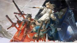  1boy 2girls animal_ears arknights arknights:_endfield bird_ears bird_girl black_gloves black_hair black_pantyhose black_shoes blue_eyes blue_gloves chen_qianyu_(arknights) dragon_girl dragon_horns dragon_tail dress dual_wielding endministrator_(arknights) female_endministrator_(arknights) gloves grey_hair gun highres holding holding_gun holding_sword holding_weapon horns jacket multiple_girls official_art open_clothes open_jacket pantyhose perlica_(arknights) scar scar_on_cheek scar_on_face second-party_source shoes sword tail trigger_discipline two-sided_gloves weapon white_dress white_jacket wolf_boy wolf_ears wulfgard_(arknights) yellow_eyes yoshi_kaoru 