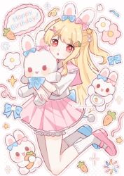  1girl :o animal animal_ears asymmetrical_footwear blonde_hair bloomers blue_shoes blush carrot_hair_ornament commentary food-themed_hair_ornament frilled_sailor_collar frilled_sleeves frills full_body hair_ornament happy_birthday highres holding holding_animal legs_up long_hair looking_at_viewer miniskirt mismatched_footwear open_mouth original pink_sailor_collar pink_shoes pink_skirt rabbit rabbit_ears red_eyes sailor_collar school_uniform serafuku shirt shoes short_sleeves sidelocks skirt socks solo sparkle star_(symbol) star_hair_ornament symbol-only_commentary two_side_up white_bloomers white_shirt white_socks yukomeow 