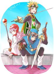  1girl 2boys arm_support belt black_bodysuit blonde_hair blue_eyes blue_hat blue_tunic bodysuit boots brown_gloves cape closed_mouth commentary_request cousins curly_hair dragon_quest dragon_quest_ii full_body gloves goggles goggles_on_headwear green_gloves green_tabard hat holding holding_staff holding_sword holding_weapon long_hair long_sleeves looking_at_viewer multiple_boys nidou_(rechlo) open_mouth orange_cape prince_of_lorasia prince_of_samantoria princess_of_moonbrook purple_hair red_hood robe short_hair sitting smile spiky_hair staff standing sword tabard tunic weapon white_robe 