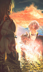  2boys absurdres antenna_hair arm_tattoo armlet armor back_tattoo black_choker black_shirt blonde_hair blue_cape blue_eyes cape chinese_commentary choker coat commentary_request floating_cape gauntlets gradient_hair highres honkai:_star_rail honkai_(series) jewelry male_focus medium_hair multicolored_hair multiple_boys mydei_(honkai:_star_rail) neck_tattoo nichi_teki_ya_nichi_teki_ya orange_sky parted_bangs pauldrons phainon_(honkai:_star_rail) red_hair red_tattoo shirt short_hair shoulder_armor single_pauldron sky sun_symbol sun_tattoo tattoo watermark weibo_watermark wheat_field white_coat white_hair 