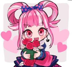  1girl :d blunt_bangs bouquet bow commentary_request dress earrings facial_mark fire_emblem fire_emblem_engage fire_emblem_heroes floral_print floral_print_dress hair_rings heart heart_earrings heart_facial_mark holding holding_bouquet hortensia_(cutesplosion)_(fire_emblem) hortensia_(fire_emblem) jewelry long_sleeves multicolored_hair official_alternate_costume open_mouth pink_eyes pink_hair polka_dot polka_dot_bow print_dress smile solo tamatamariso85 two-tone_hair 