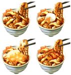  bowl chopsticks food food_focus gyuudon highres multiple_views no_humans noodles oikawa_2301 original simple_background still_life white_background 