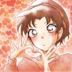  1girl closed_mouth commentary_request hair_ribbon heart heart_background heart_hands high_ponytail highres long_sleeves meitantei_conan ponblue ponytail portrait red_background red_ribbon red_sweater red_theme ribbon solo sweater tooyama_kazuha 