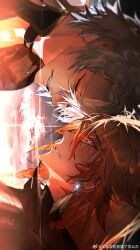  2boys absurdres antenna_hair armor black_choker black_coat black_shirt blonde_hair braid chinese_commentary choker closed_eyes coat commentary_request earrings from_side gold_earrings gradient_hair highres honkai:_star_rail honkai_(series) jewelry male_focus medium_hair multicolored_hair multiple_boys mydei_(honkai:_star_rail) nichi_teki_ya_nichi_teki_ya outdoors parted_bangs pauldrons phainon_(honkai:_star_rail) profile red_hair shirt short_hair shoulder_armor side_braid sideways single_pauldron tears watermark weibo_watermark white_hair yellow_eyes 