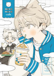  2boys :p animal_ears black_hoodie blonde_hair blue_jacket blush_stickers cat cat_boy cat_ears chain chain_necklace closed_mouth clouds commentary cup disposable_cup dot_nose doughnut drawstring drinking drinking_straw earrings food grey_eyes grey_outline highres holding holding_cup holding_tray hood hood_down hoodie jacket jewelry long_sleeves male_focus moi03_moi08 multiple_boys necklace open_clothes open_jacket original outline parted_bangs shirt short_hair symbol-only_commentary tongue tongue_out tray twitter_username upper_body watermark white_background white_hair white_shirt 