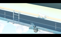  1girl absurdres beret black_hat blue_sky brown_hair cat chinese_commentary chinese_text clouds cloudy_sky commentary_request day different_reflection hat hatoba_tsugu highres letterboxed mountain_han outdoors pantyhose pool pool_ladder poolside reflection reflective_liquid shirt short_hair sitting sky solo tsugu_(vtuber) virtual_youtuber water white_pantyhose white_shirt wide_shot 
