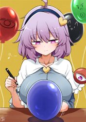  1girl ahoge balloon black_hairband blue_shirt breasts bright_pupils buttons capelet commentary_request hairband heart_button highres holding holding_marker komeiji_satori large_breasts light_smile looking_at_object marker pink_eyes purple_hair scavia10 shirt signature solo third_eye touhou upper_body white_capelet white_pupils 