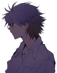  1boy closed_mouth collared_shirt from_side grey_hair highres looking_ahead male_focus nagisa_kaworu neon_genesis_evangelion red_eyes school_uniform shirt short_hair simple_background solo tokyo-3_middle_school_uniform upper_body white_background white_shirt yorumi1117 