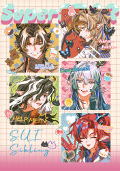  5boys :d :p absurdres arknights black_eyes black_hair blonde_hair blue_hair blue_horns blue_jacket blue_shirt brown_hair brown_horns brown_jacket bug butterfly cake cake_slice cherry chinese_commentary chongyue_(arknights) clenched_hand closed_eyes closed_mouth collared_shirt colored_extremities commentary_request cup cupcake doughnut dragon_boy dragon_horns drink drinking_straw earrings eastern_dragon_horns egg_(food) english_text eyeshadow fan_mu_zhang food fork fried_egg fruit gem gingerbread_man gradient_background green_eyeshadow green_gem green_hair grey_hair grid_background grin hair_between_eyes hair_bun hair_over_one_eye half_updo hand_on_own_chin hand_on_own_head hand_up heart high_ponytail highres horns ice ice_cube index_finger_raised jacket jewelry ji_(arknights) long_hair long_sleeves looking_at_viewer makeup male_focus multicolored_hair multiple_boys one_eye_closed one_eye_covered open_mouth orange_(fruit) orange_shirt orange_slice parted_bangs parted_lips paw_print pink_background pink_eyes pointy_ears ponytail red_eyes red_hair ring shirt sidelocks sideways_glance single_earring single_hair_bun sleeves_past_wrists smile sparkle strawberry strawberry_shortcake streaked_hair sweatdrop teeth tongue tongue_out upper_teeth_only wang_(arknights) white_background white_hair white_jacket yellow_eyes yi_(arknights) yu_(arknights) 