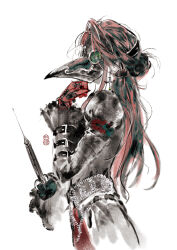  1girl arm_belt beads belt belt_buckle black_belt black_dress black_mask blood_sting's_kiss_(shining_nikki) buckle chinese_commentary clenched_hand commentary_request cowboy_shot cross cross_earrings dress earrings frilled_sleeves frills gloves green-tinted_eyewear hair_bun hand_on_own_chin highres holding holding_syringe jewelry juliet_sleeves layered_dress long_hair long_sidelocks long_sleeves nikki_(series) plague_doctor_mask puffy_sleeves red_dress red_gloves red_hair sasora shining_nikki sidelocks signature simple_background single_hair_bun solo standing syringe tinted_eyewear very_long_hair white_background 