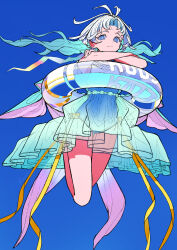  1girl blue_background blue_eyes blue_one-piece_swimsuit bright_pupils commentary crossed_arms floating_hair highres innertube kaneni legs_up long_hair looking_at_viewer one-piece_swimsuit original simple_background smile solo swim_ring swimsuit white_hair white_pupils 