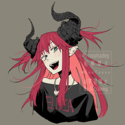  1girl black_shirt commentary_request cropped_torso ear_piercing elizabeth_bathory_(fate) fate/extra fate_(series) grey_background grey_eyes highres horns jewelry kokujin_youhei long_hair looking_at_viewer necklace open_mouth piercing pink_hair pointy_ears shirt simple_background solo watermark 