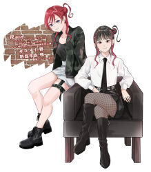  2girls animification black_boots black_hair black_necktie black_shirt black_shoes black_shorts blue_eyes boots brown_eyes camouflage camouflage_jacket chair character_name clenched_teeth closed_mouth collared_shirt commentary_request crossed_legs fishnets full_body hair_bun highres hoshi_to_nishi jacket liella!_solo_outfit_design_vote long_sleeves looking_at_viewer love_live! love_live!_superstar!! multicolored_hair multiple_girls necktie official_alternate_costume on_chair open_clothes open_jacket parted_lips real_life red_hair shirt shoes short_hair_with_long_locks shorts simple_background single_hair_bun sitting sky_linker_(love_live!) smile streaked_hair teeth two-tone_hair voice_actor white_background white_shirt wing_collar yabushima_akane yoneme_mei 