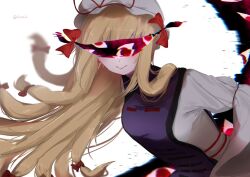  1girl :> blonde_hair blush closed_mouth commentary covered_eyes dress floating_hair gap_(touhou) hair_over_shoulder hair_ribbon hashtag-only_commentary hat ilvsn6_6 long_hair long_sleeves looking_at_viewer mob_cap purple_tabard ribbon smile solo symbol-only_commentary tabard touhou twitter_username upper_body white_background white_dress yakumo_yukari 