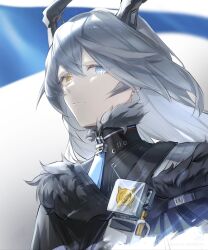  1girl artist_request bad_source black_coat black_fur black_horns blurry blurry_background closed_mouth coat depth_of_field ear_piercing expressionless flag from_below from_side fur_coat fur_collar fur_trim glint glowing grey_background grey_fur grey_hair hair_between_eyes heterochromia highres horns long_hair looking_down looking_to_the_side piercing shade solo standing star-shaped_pupils star_(symbol) sunbringer_(zenless_zone_zero) symbol-shaped_pupils upper_body wavy_hair xiaohongshu_id zenless_zone_zero 