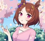  1girl :o animal_ears blue_sky blush branch breasts brown_hair cherry_blossoms clouds collarbone commentary_request day flower flower-shaped_pupils hand_up highres horse_ears jacket medium_breasts outdoors parted_bangs parted_lips petals pink_jacket sakura_laurel_(umamusume) shirt sky solo symbol-shaped_pupils takiki umamusume upper_body viewfinder violet_eyes white_flower white_shirt 