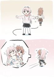  2girls bang_dream! bang_dream!_it's_mygo!!!!! black_pantyhose black_skirt blue_eyes brown_hair brown_skirt chihaya_anon closed_mouth commentary fang grey_eyes highres hug hug_from_behind long_hair lyy multiple_girls nagasaki_soyo one_eye_closed open_mouth outstretched_arms pantyhose pink_hair pleated_skirt skirt spread_arms symbol-only_commentary white_pantyhose yuri 