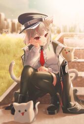  1girl absurdres animal_ear_fluff animal_ears black_choker black_coat black_hat black_shoes black_thighhighs breasts cat chibi choker coat coat_on_shoulders commentary_request creature dot_nose frilled_shirt frills full_body hand_on_own_face hat head_on_hand head_rest highres hyin large_breasts long_sleeves looking_at_viewer maro_(neneko_mashiro) multicolored_hair necktie neneko_mashiro open_clothes open_coat outdoors red_eyes red_hair red_necktie red_streaks shirt shoes short_hair sitting sitting_on_stairs stairs stellive tail thigh-highs two-tone_hair virtual_youtuber white_cat white_hair white_shirt 