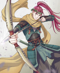  1boy absurdres aiming arrow_(projectile) bow_(weapon) closed_mouth commentary_request fire_emblem fire_emblem:_radiant_dawn fire_emblem_heroes green_eyes headband highres holding holding_arrow holding_bow_(weapon) holding_weapon japanese_clothes kousetu0506 long_hair male_focus official_alternate_costume ponytail red_hair shinon_(fire_emblem) shinon_(ninja)_(fire_emblem) solo variant_set weapon 