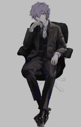  1boy absurdres arm_rest black_jacket black_necktie black_pants black_shoes black_socks black_suit chair closed_mouth collared_shirt elbow_rest full_body grey_background grey_hair hair_between_eyes highres jacket looking_at_viewer male_focus nagisa_kaworu necktie neon_genesis_evangelion office_chair pants red_eyes shirt shoes short_hair short_necktie simple_background sitting socks suit swivel_chair white_shirt yorumi1117 