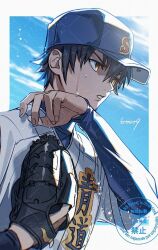  1boy 6tnut9 ace_of_diamond baseball_cap baseball_jersey baseball_mitt black_hair blue_hat blue_shirt brown_eyes card clouds commentary_request diamond_(shape) hat jersey layered_sleeves long_sleeves male_focus parted_lips playing_card sawamura_eijun shirt short_over_long_sleeves short_sleeves sky solo sweat upper_body watermark 