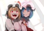  2girls absurdres ascot blonde_hair blue_hair breasts brooch closed_mouth collared_shirt fangs flandre_scarlet hair_between_eyes hand_on_another&#039;s_shoulder hat highres jewelry medium_hair mob_cap multiple_girls open_mouth pink_headwear pink_shirt pointy_ears puffy_short_sleeves puffy_sleeves red_ascot red_brooch red_eyes red_vest remilia_scarlet shirt short_hair short_sleeves simple_background small_breasts sotatsudraw teeth touhou upper_body vampire vest white_background white_headwear white_shirt 