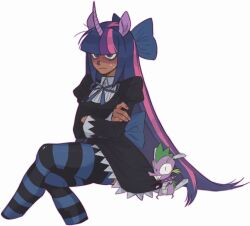  1boy 1girl alternate_skin_color animal_ears black_dress blue_eyes blue_hair bow chuck_(psg) collar color_connection cosplay crossed_arms dark-skinned_female dark_skin dress gothic_lolita hair_bow hair_color_connection highres horse_ears horse_girl lace_trim lolita_fashion mistigri0000 multicolored_hair my_little_pony my_little_pony:_equestria_girls my_little_pony:_friendship_is_magic panty_&amp;_stocking_with_garterbelt pink_streaks purple_streaks sitting spike_(my_little_pony) spike_(my_little_pony)_(cosplay) spiked_collar spikes stocking_(psg) stocking_(psg)_(cosplay) streaked_hair striped_clothes striped_hair striped_thighhighs sweatdrop thigh-highs twilight_sparkle twilight_sparkle_(human) unicorn_horn white_background 