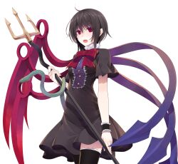 1girl black_dress black_hair black_thighhighs black_wrist_cuffs blue_wings bow buttons commentary_request cowboy_shot crote dress fingernails frilled_cuffs hand_up highres holding holding_polearm holding_weapon houjuu_nue lace-trimmed_thighhighs lace_trim large_variant_set pointy_ears polearm red_bow red_wings short_hair short_sleeves snake solo standing tachi-e thigh-highs touhou transparent_background trident variant_set weapon wings wrist_cuffs 