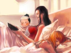  1boy 2girls bed black_hair blush book closed_eyes from_side glasses high_ponytail holding holding_book long_hair momonosuke_(one_piece) multiple_girls nami_(one_piece) nico_robin object_hug one_piece open_book open_mouth orange_hair pillow pillow_hug reading sitting sleeping smile talking tsuyomaru 