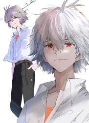  1boy belt black_pants brown_belt closed_mouth collared_shirt commentary grey_hair hair_between_eyes hand_in_pocket highres light_smile looking_at_viewer male_focus multiple_views nagisa_kaworu neon_genesis_evangelion orange_shirt pants red_eyes school_uniform shirt short_hair simple_background soraaaa53 symbol-only_commentary tokyo-3_middle_school_uniform white_background white_shirt 