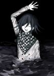  1boy :d arm_up black_background black_hair buttons checkered_clothes checkered_scarf closed_eyes danganronpa_(series) danganronpa_v3:_killing_harmony double-breasted facing_viewer grey_jacket hair_between_eyes highres jacket long_sleeves male_focus medium_hair ouma_kokichi scarf short_hair smile teeth upper_teeth_only wa_noko wading water 