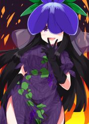  1girl :d black_gloves black_hair blunt_ends blush breasts commentary cowboy_shot dress flower flower_on_head gloves hand_up highres large_breasts long_hair looking_at_viewer open_mouth purple_dress ruu_(tksymkw) short_sleeves smile solo touhou violet_eyes yomotsu_hisami 