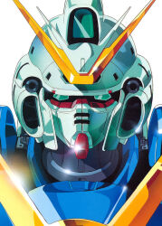  1990s_(style) blue_eyes commentary_request earth_federation glint gundam katoki_hajime looking_at_viewer magazine_scan mecha mecha_focus mobile_suit no_humans official_art painting_(medium) portrait promotional_art retro_artstyle robot scan science_fiction traditional_media v-fin v2_gundam victory_gundam white_background 