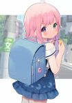  1girl absurdres aged_down ahoge backpack bag blue_dress blue_hair blurry blurry_background blush crime_prevention_buzzer dress from_behind gradient_hair green_eyes heterochromia highres himemori_luna hololive long_hair looking_at_viewer multicolored_hair nyasunyadoora official_alternate_costume outside_border photo_background pink_hair pout randoseru solo standing straight_hair violet_eyes virtual_youtuber 