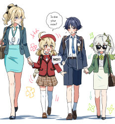  +++ 1boy 3girls :> ahoge alternate_costume alternate_universe aqua_skirt arms_at_sides backpack bag belt beret black_belt black_eyes black_shoes blazer blonde_hair blouse blue_necktie blunt_ends blush bow bowtie brown_bag brown_shoes brown_skirt closed_mouth colored_tips contemporary crescent_belt_buckle denial dodoco_(genshin_impact) embarrassed english_text eyeliner facing_viewer feathers flying_sweatdrops full_body genshin_impact green_hair green_jacket green_sleeves grey_hair grey_jacket grey_shorts grey_sleeves hair_between_eyes hair_ornament half_crown_braid hat height_difference high_ponytail highres holding_hands id_card jacket jean_(genshin_impact) kiyokezo klee_(genshin_impact) kneehighs lanyard lapels layered_sleeves leaf leaf_hair_ornament long_hair long_sleeves looking_at_another low_twintails makeup mid-stride multicolored_hair multiple_girls musical_note nahida_(genshin_impact) necktie office_lady open_clothes open_jacket open_mouth orange_eyes pencil_skirt plaid_clothes plaid_skirt pleated_skirt pointy_ears pom_pom_(clothes) ponytail red_bow red_bowtie red_eyeliner red_hat red_jacket red_sleeves round_collar rounded_collar scaramouche_(genshin_impact) school_uniform shirt shoes shorts shoulder_bag side_ponytail sidelocks skirt smile socks speech_bubble sunglasses sweatdrop tareme thigh-highs tsurime twintails undershirt violet_eyes walking wanderer_(genshin_impact) white_background white_shirt white_skirt white_sleeves white_socks white_thighhighs wing_collar yellow_feathers 