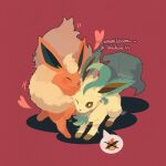  blackcatlandr blush brown_eyes closed_eyes closed_mouth commission flareon heart leafeon one_eye_closed pokemon pokemon_(creature) red_background smile standing sweat twitter_username watermark 