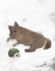  absurdres animal brown_dog closed_eyes commentary commission dog english_commentary green_helmet helmet highres lying mayoa no_humans on_ground on_side open_mouth original skull snow tongue tongue_out white_background 