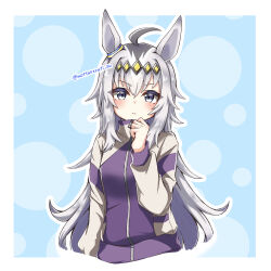  1girl absurdres ahoge animal_ears blue_eyes blush closed_mouth commentary_request ear_ornament grey_hair hair_between_eyes hair_ornament hairband highres horse_ears horse_girl jacket kasamatsu_tracen_training_uniform long_hair long_sleeves looking_at_viewer mottarerati_zu multicolored_hair multicolored_jacket oguri_cap_(umamusume) pants purple_jacket purple_pants purple_track_suit solo track_jacket track_pants track_suit two-tone_jacket umamusume umamusume:_cinderella_gray 