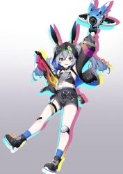  1girl :d animal_ears artist_request bad_id black_gloves black_jacket black_shoes black_shorts blue_socks bronya_zaychik bronya_zaychik_(haxxor_bunny) bullpup drone fake_animal_ears full_body gloves grey_background grey_eyes grey_hair gun holding holding_gun holding_weapon honkai_(series) honkai_impact_3rd jacket knee_pads long_hair long_sleeves looking_at_viewer non-web_source open_mouth p90 rabbit_ears shoes shorts single_knee_pad smile socks solo submachine_gun weapon 