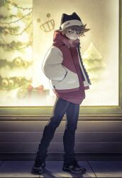  1boy alternate_costume animal_hat animification bandage_on_cheek beanie black_hat black_pants box breath brown_hair cat_hat christmas christmas_lights christmas_tree commentary condensation eddsworld english_commentary gift gift_box gingerbread_man hands_in_pockets hat highres hood hood_down hooded_jacket jacket long_sleeves looking_down male_focus noob_meow open_clothes open_jacket outdoors pants red_jacket red_sweater shoes short_hair sneakers solo spiky_hair standing sweater tord_(eddsworld) turtleneck turtleneck_sweater window window_fog winter winter_clothes 